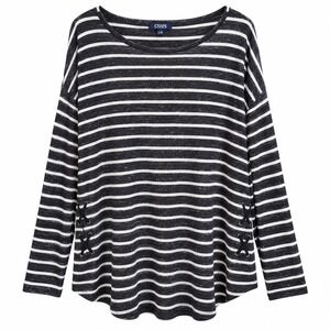 Chaps Striped Thermal Top Womens Large Black White Excellent Lace Up Side Detail